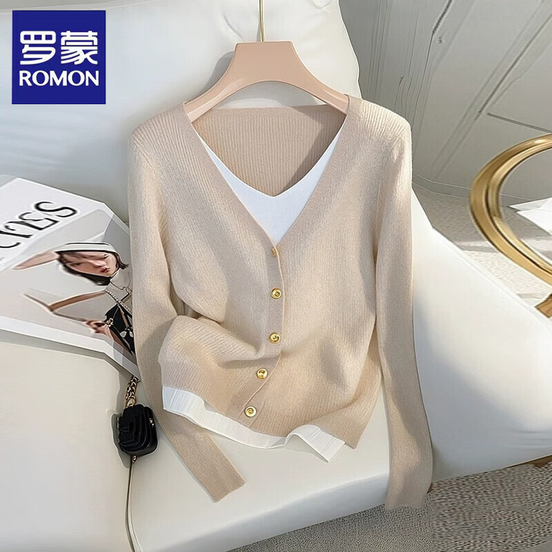 罗蒙（ROMON）V领假两件长袖针织衫女早秋季2026新款打底衫减龄洋气毛衣上衣 杏色 M