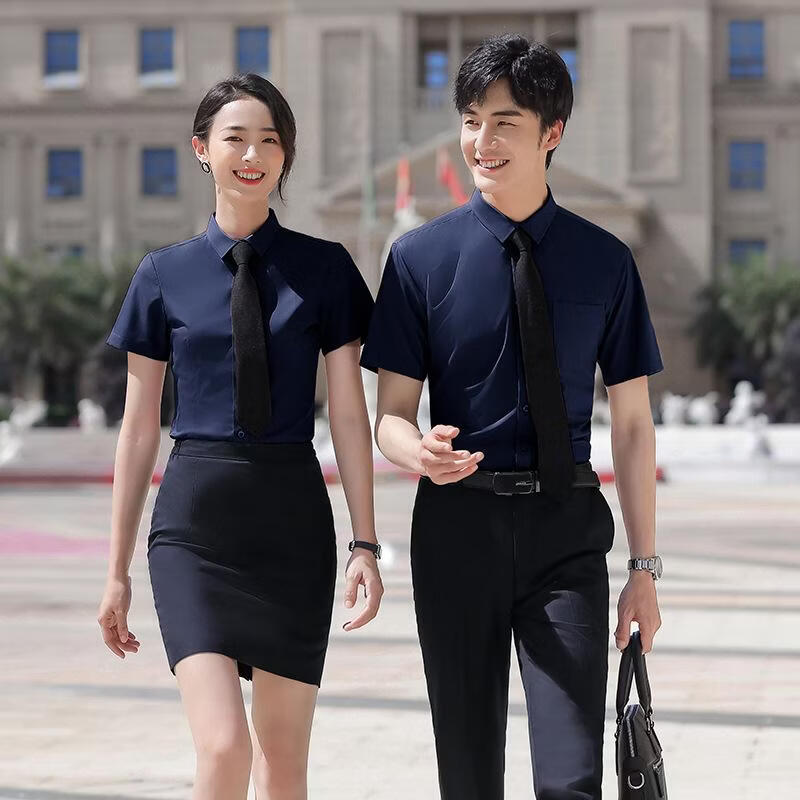 FLYITA白色短袖衬衫男女同款商务正装职业装衬衣酒店前台工作服夏季 藏青色 6XL 女款