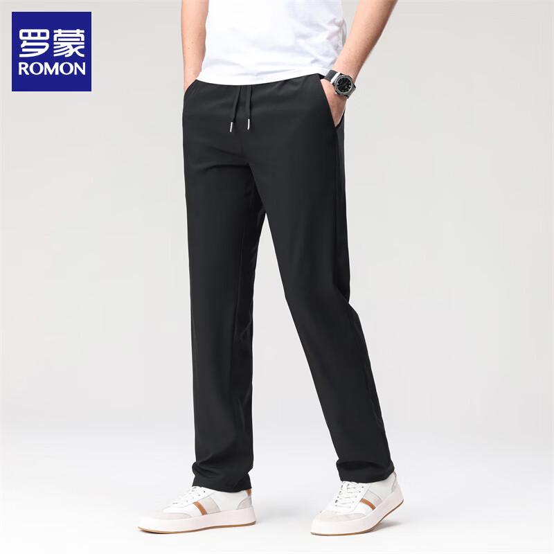 罗蒙（ROMON）冰丝休闲裤男2026夏季新款凉感松紧腰男士直筒长裤子弹力运动男裤 黑色 XL (建议体重130-150斤)