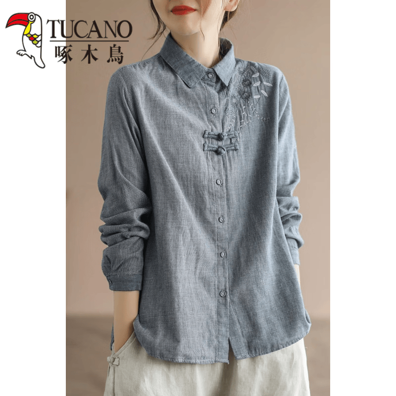 啄木鸟（TUCANO）文艺复古千鸟格棉麻衬衫女2026春季款民族风刺绣中国风盘扣上衣女 蓝色 2XL 建议130-145斤