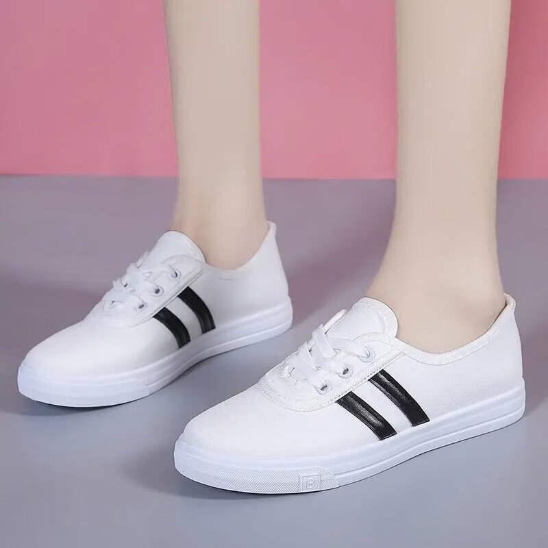 胖东来代购帆布鞋女软底不累脚帆布鞋女春夏秋季低帮软底防滑透气 白色（一脚蹬款） 34 标准码