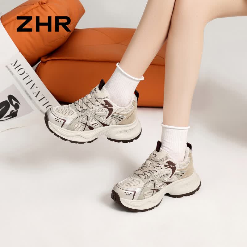 ZHR则则老爹鞋女春秋复古轻便厚底女鞋2026新款休闲运动鞋子女 杏色 36