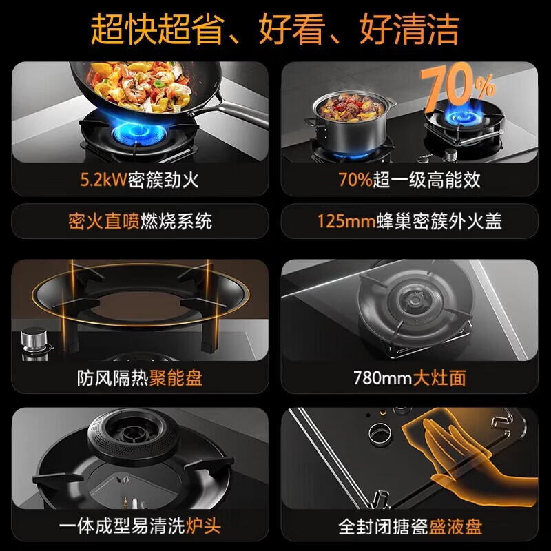 海尔（Haier）抽油烟机家用C61MAX顶侧双吸30风量大吸力 1200pa风压超薄平嵌四口巨吸烟热熔自清洁吸烟机 【C61MAX+H70A】72%高热效5.2kw灶