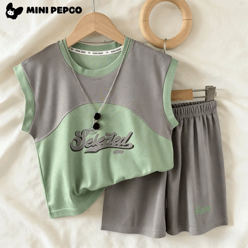 小猪班纳（PEPCO）夏季新款男童T恤韩版字母拼接无袖珠地儿童套装坎肩上衣五分裤子 KS珠地套装-灰色拼绿 150
