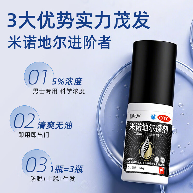 [恒医森]米诺地尔搽剂 60ml*1瓶 2盒装 60ml/瓶 5% 生发液男用宽发缝防脱生发发际线脱发斑秃泡沫米洛地尔正品 固发装