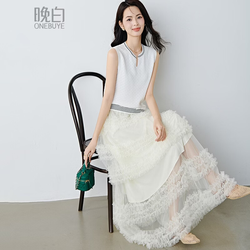 晚白【新品】2026年春款时尚撞色V领无袖上衣舒适内搭外穿针织背心女 米白色 M