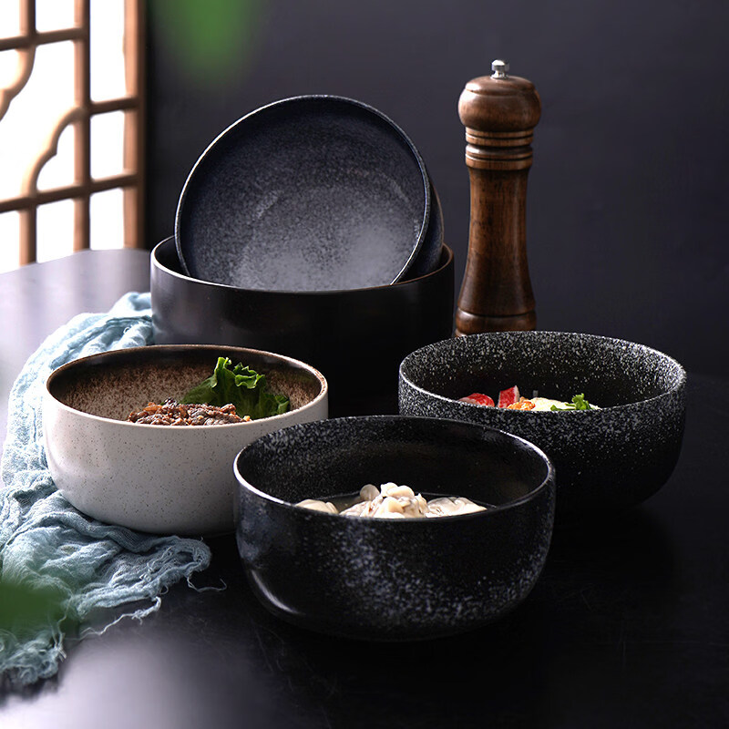 日式陶瓷复古汤碗沙拉碗餐具法海钵拉面碗大号浓汤碗家用大碗面碗 6.5寸-蓝线法海碗+筷子