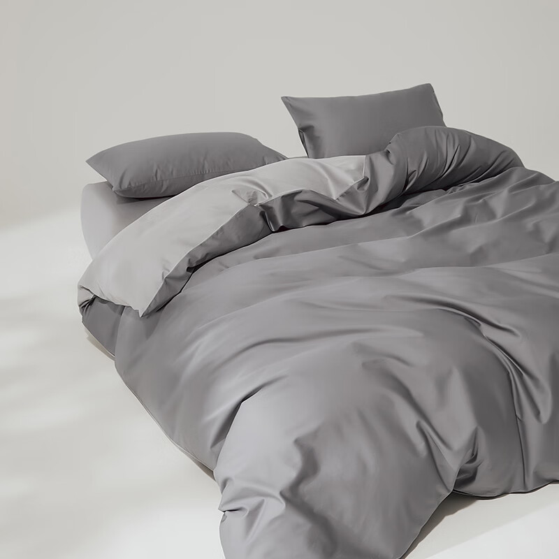 顶柔（DINGROU）净棉柔序贡缎长绒棉拼色纯棉四件套100%全棉床上用品床单被套 杰卡西灰 1.2-1.5米床 床单款 （被套150*200cm）