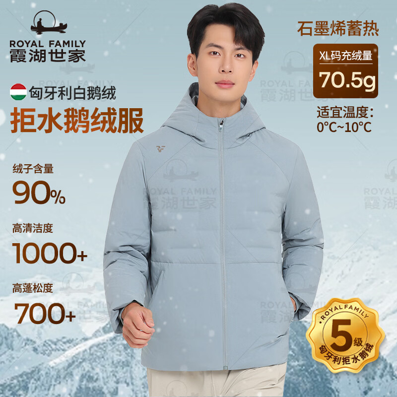 霞湖世家【拒水白鹅绒服】匈牙利拒水90绒子时尚连帽羽绒服343A L 霞湖蓝