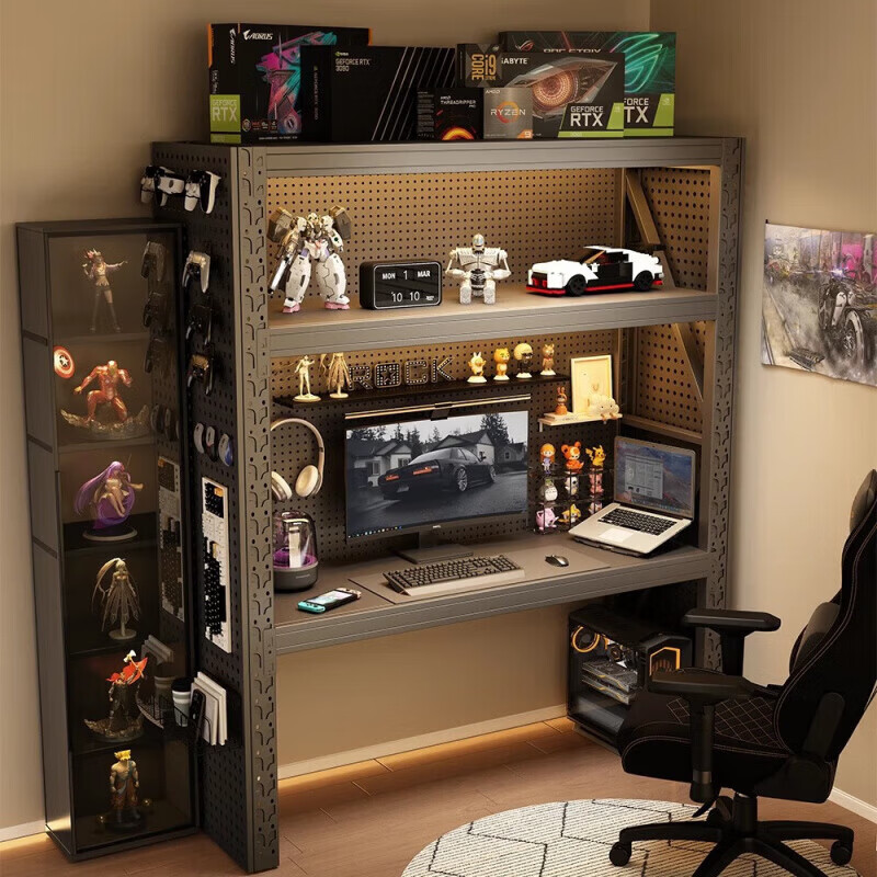 LEOEZYA电脑桌带收纳货架电脑桌带洞洞板家用书桌可升降台式电竞 白色三层主架带背部洞洞板*1 加粗加厚1*50*200承重120kg层