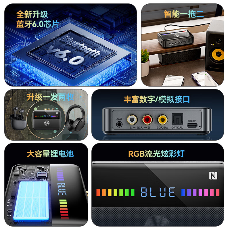 雷翼(RAYEE）蓝牙接收器6.0转音箱响功放机NFC触连U盘TF卡播放同轴光纤接电视电脑发射音频适配器 绅士黑 【升级版】一发两收