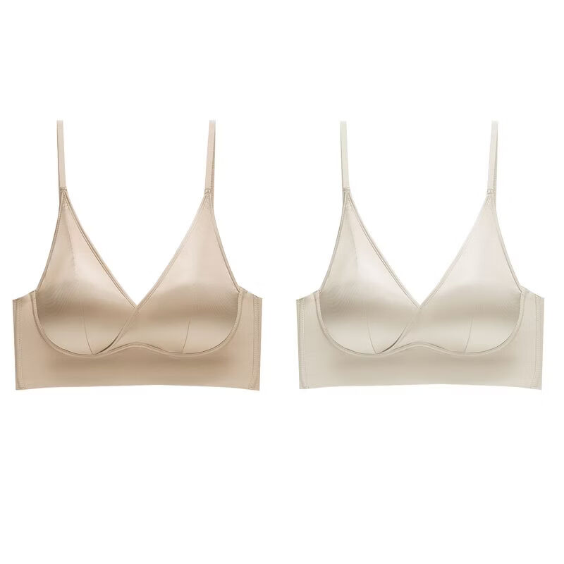 【买1送1】法式性感缎面无痕内衣带胸垫乳胶无钢圈美背一体式内衣 卡其色+柔肤色【2件装】 2XL 建议140-160斤