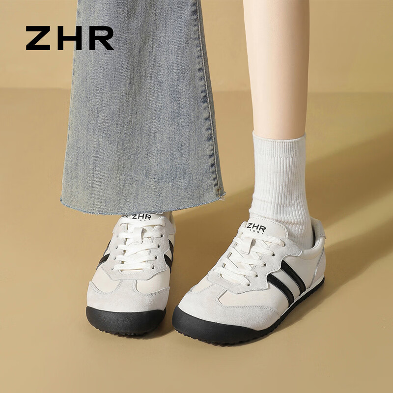 ZHR则则德训鞋女春秋复古运动休闲鞋子女舒适百搭软平底女鞋2026新款 米黑 37