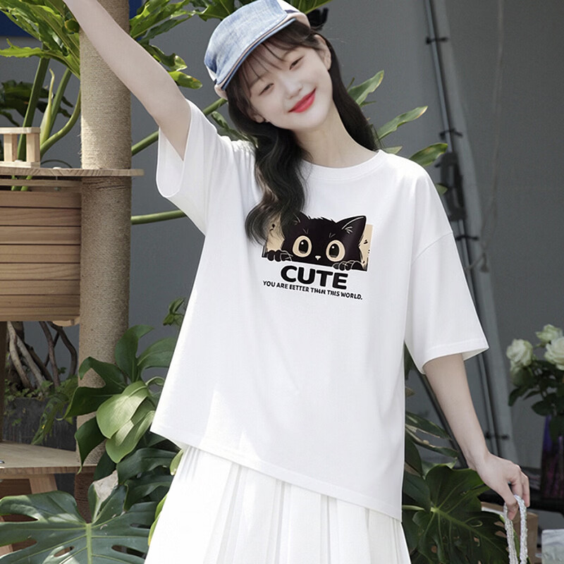 柯诗曼白色短袖T恤女圆领100%纯棉印花男女同款宽松显瘦时尚上衣情侣装 白色猫咪字母 XL 【125-140斤】
