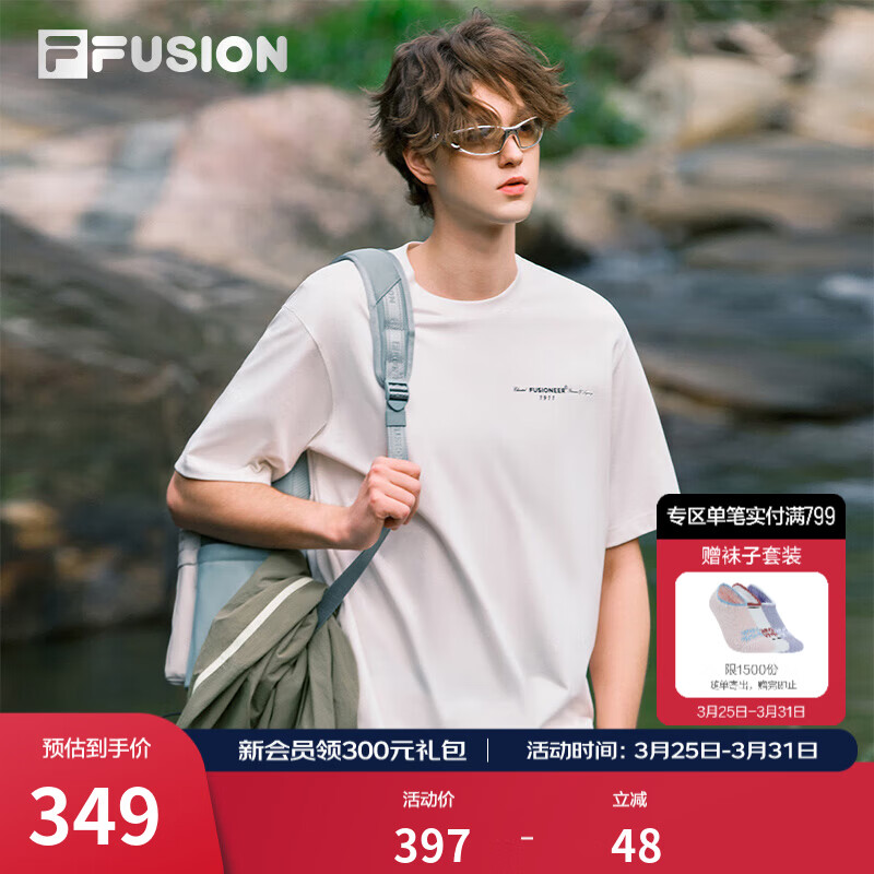 FILA FUSION斐乐潮牌男子针织短袖衫夏季新款时尚休闲宽松T恤 云白色-WT L 175/96A/L