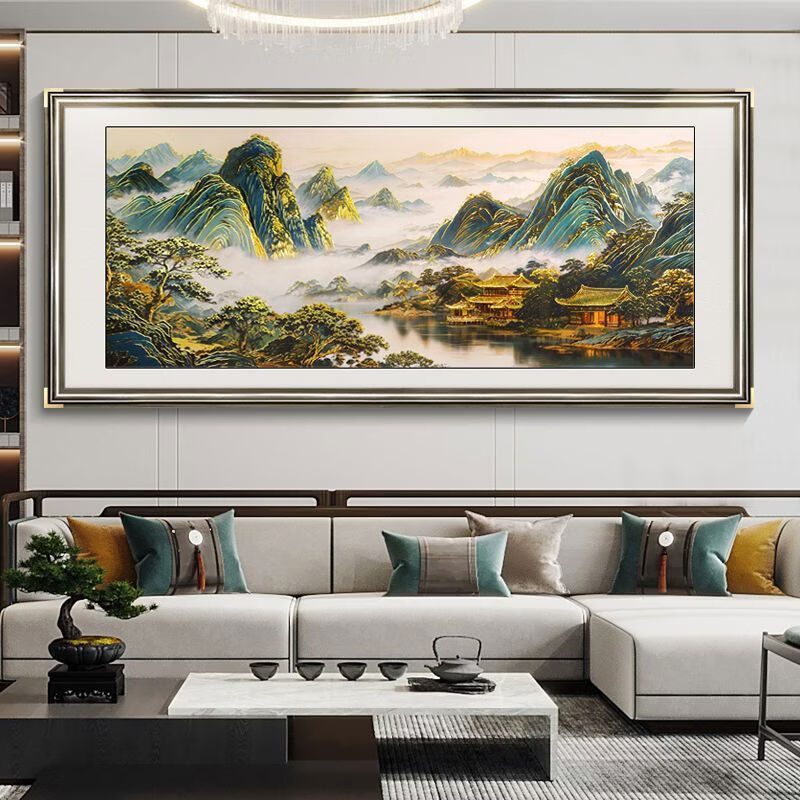 临雅背有靠山客厅装饰画山水画靠山图浮雕中式办公室沙发背景墙挂画 WX背有靠山古铜框立体浮雕描金 185x85cm