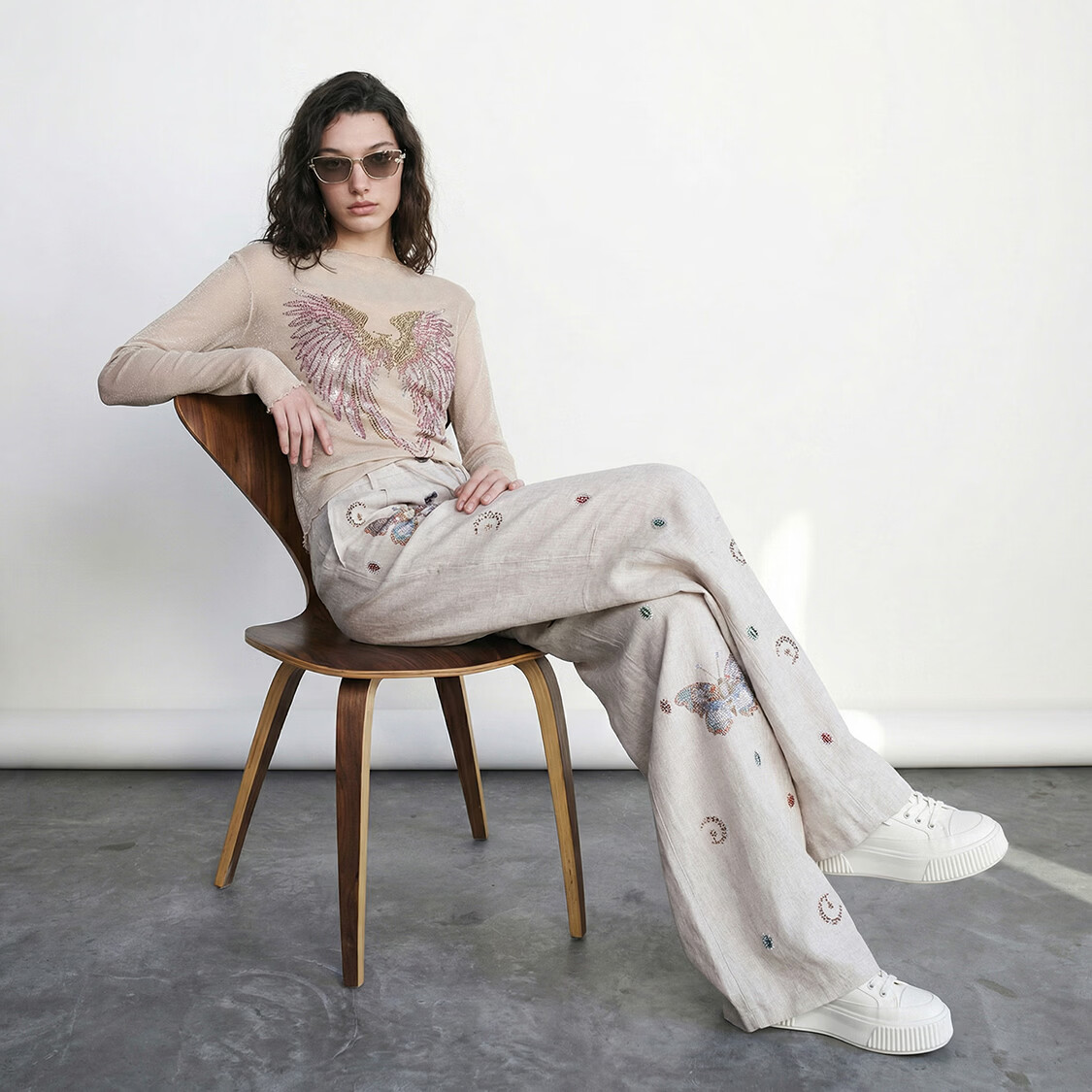 TCH2026年春夏新款潮牌亚麻女士薄款弯刀裤阔腿宽松休闲裤 米色 XL