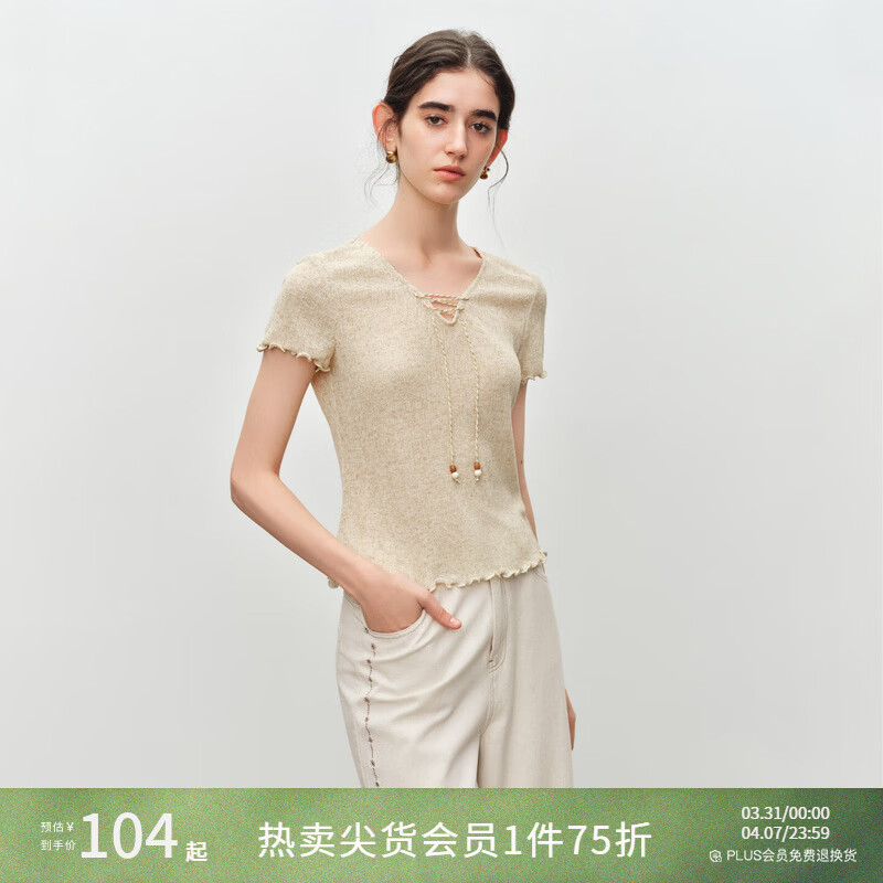 自巧小个子波嬉风串珠系带v领修身针织t恤女2026夏季新款短袖上衣 燕麦色 XXS （尺码：1）