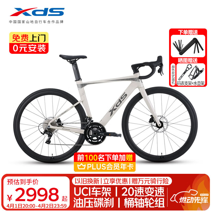 喜德盛公路自行车2025款AD300中空一体牙盘桶轴20速油碟单车 白蛇48cm
