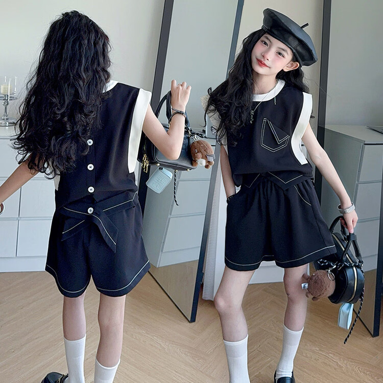 芭帛兔女童夏套装2026新款儿童衣服女孩超好看的夏装大童夏季薄款两件套 黑色 170 cm