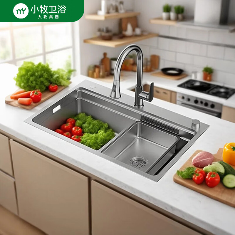 小牧卫浴厨房水槽纳米科技加厚双轨道洗切更便利赠抽拉龙头大单槽 【瀑布飞雨款】710*480*220mm