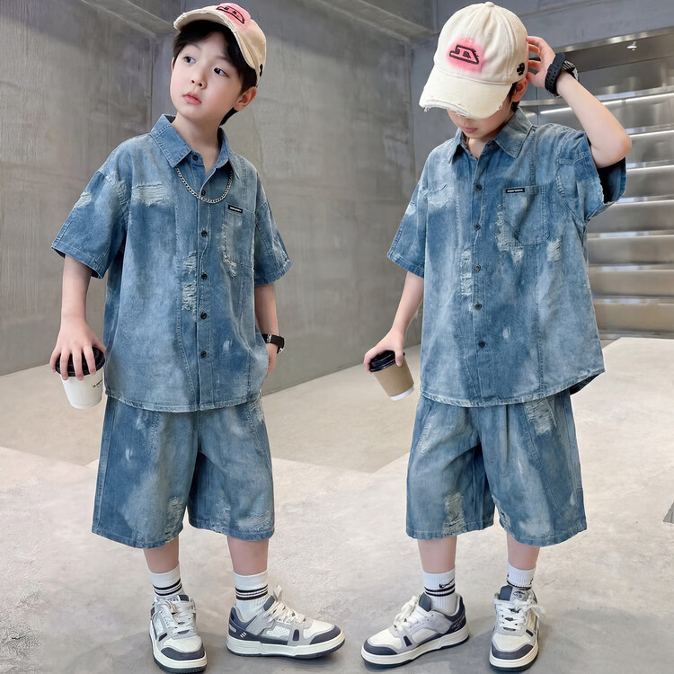 G.duck男童套装夏季2026新款帅气儿童天丝短袖洋气时髦中大童衬衫短裤潮 仿牛仔衬衫套装 130