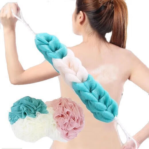 【实用】洗澡沐浴球耐用浴花散花长条沐浴花洗浴球洗澡球搓澡巾大 拉背沐浴条 洗澡搓背浴条-青色+米白-1条