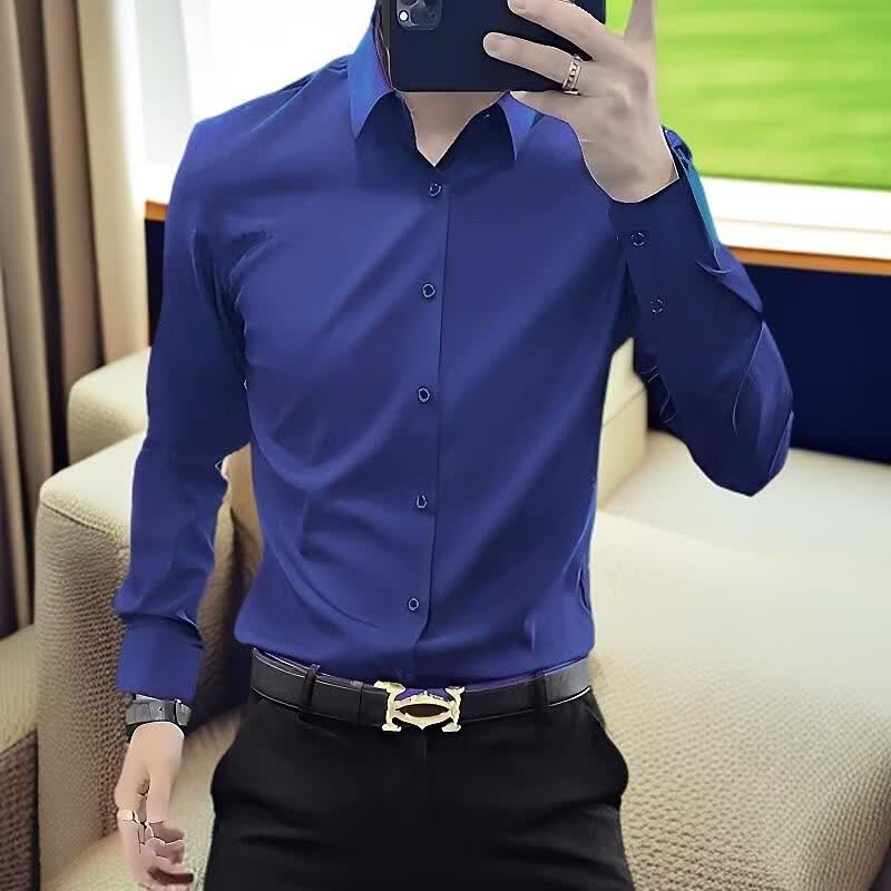 罗鸣老人【轻奢男装】2026新款免烫抗皱弹力商务修身男士长袖衬衫 深蓝色 40 （建议130-145斤）