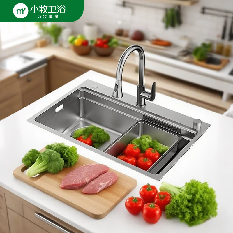小牧卫浴厨房水槽纳米科技加厚双轨道洗切更便利赠抽拉龙头大单槽 【瀑布飞雨款】770*480*220mm