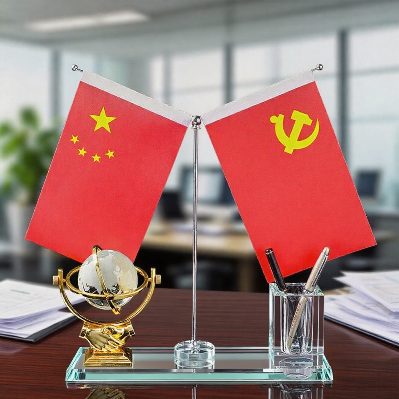 鼎亦办公桌摆件高档笔筒红旗国旗摆件创意礼品定制送礼老板开业纪念品 时来运转+笔筒+旗帜-简约款