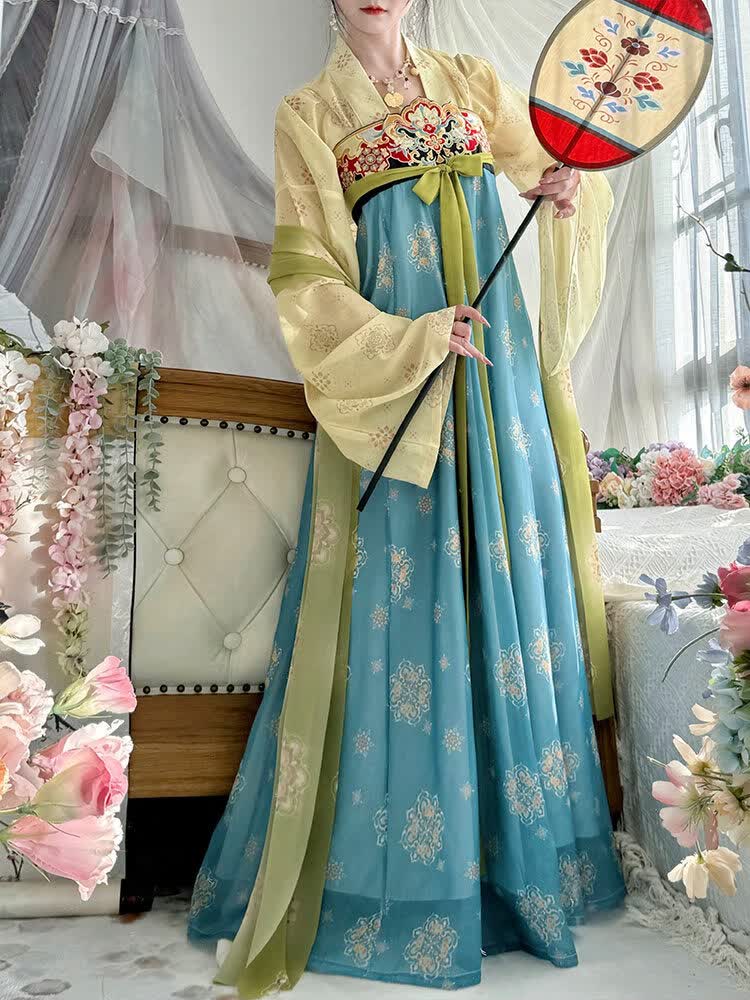 汉虞葵绾花辞|唐制复原款齐胸襦裙汉服女套装2026新款春夏季超仙气古装 绾花辞|蓝色上衣+红色齐胸裙+披帛+肩带 XL