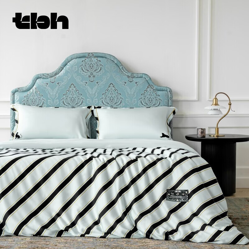 野兽派家居（tbh）床上四件套都市野兽黑豹天丝印花夏季床品套件 黑豹天丝印花床品 蓝黑条纹 1,8m床 床笠款 （被套220*240cm）