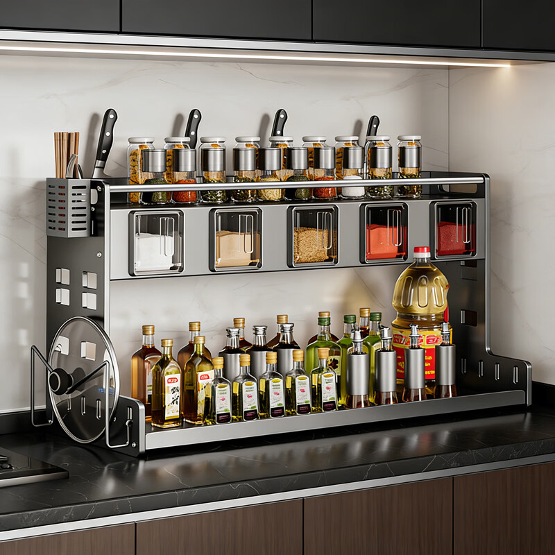 木樽厨房调料架置物架筷子刀架台面调味品佐料厨具多功能台面收纳架子 30cm双层调料架 带4挂钩