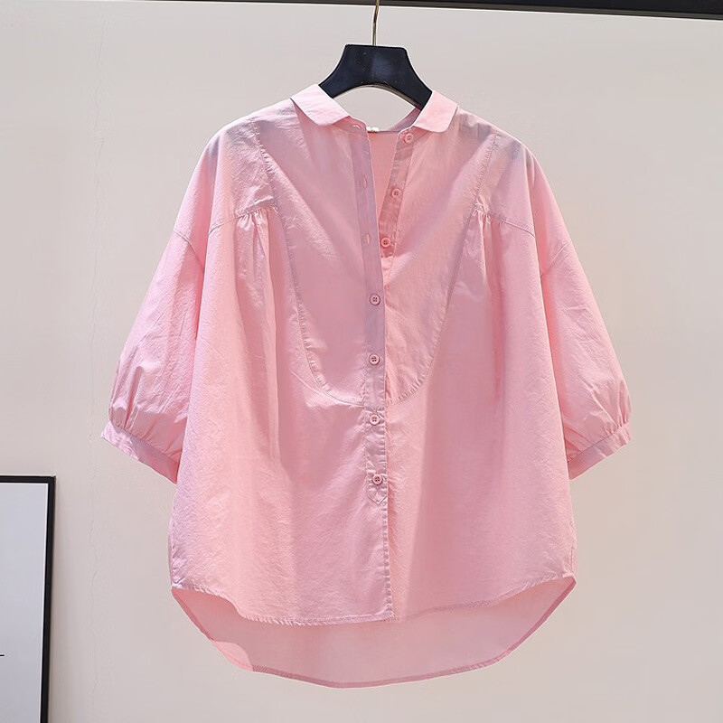 【商场品质】2026夏季新款宽松显瘦娃娃领衬衣女七分袖百搭衬衫 粉红色七分袖 XL (建议115-135斤)