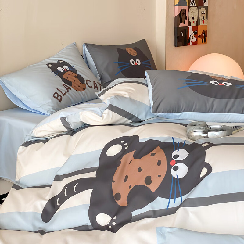 ROLAND LIVE春夏60长绒棉卡通全棉四件套可爱风裸睡透气被套床单学生三件套 KZ 全棉卡通套件-曲奇猫咪 小号 床单款 【被套150*200cm】