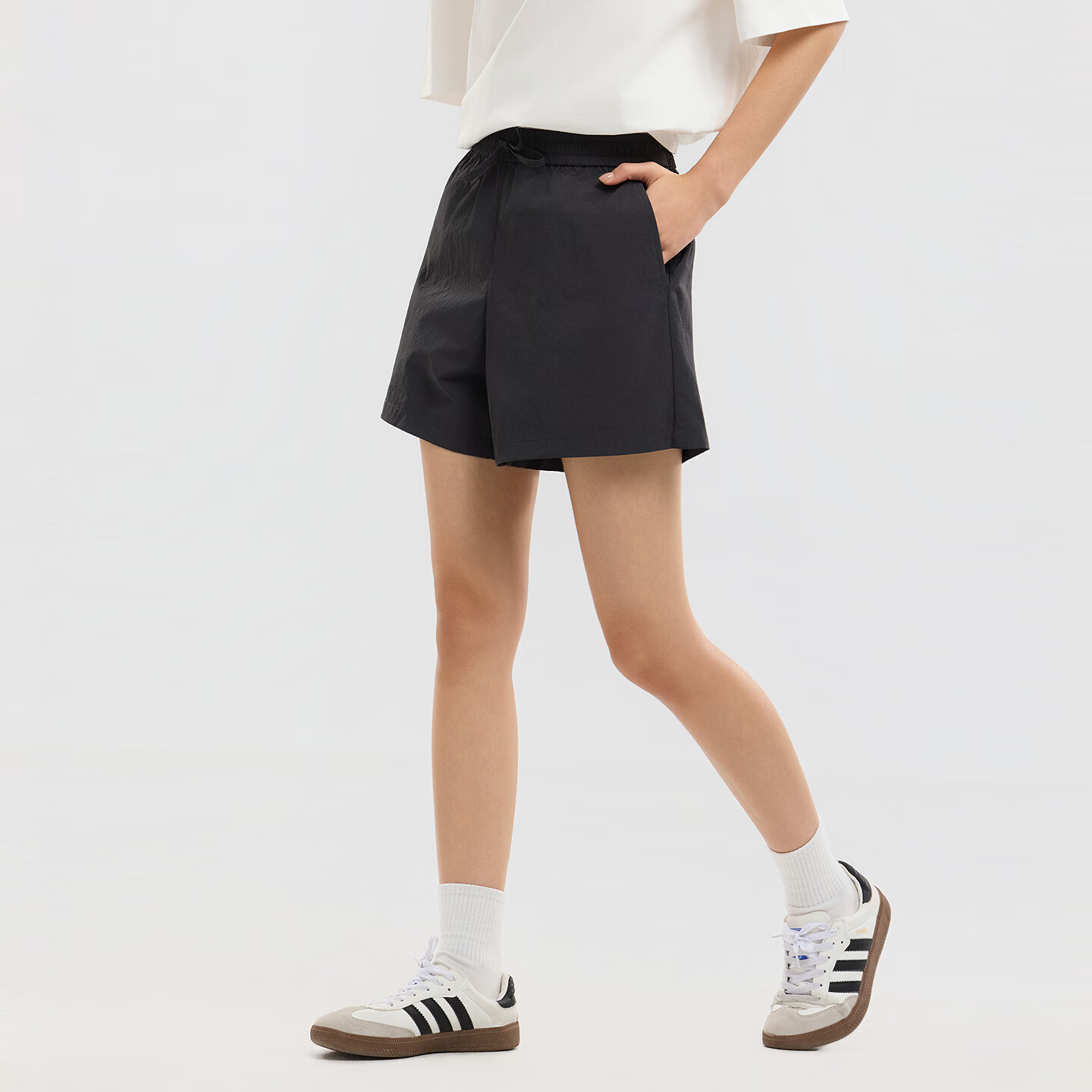 美特斯邦威阔腿裤女2026夏季新款潮流宽松吸湿速干纯色休闲短裤 始祖灰 L 165/27