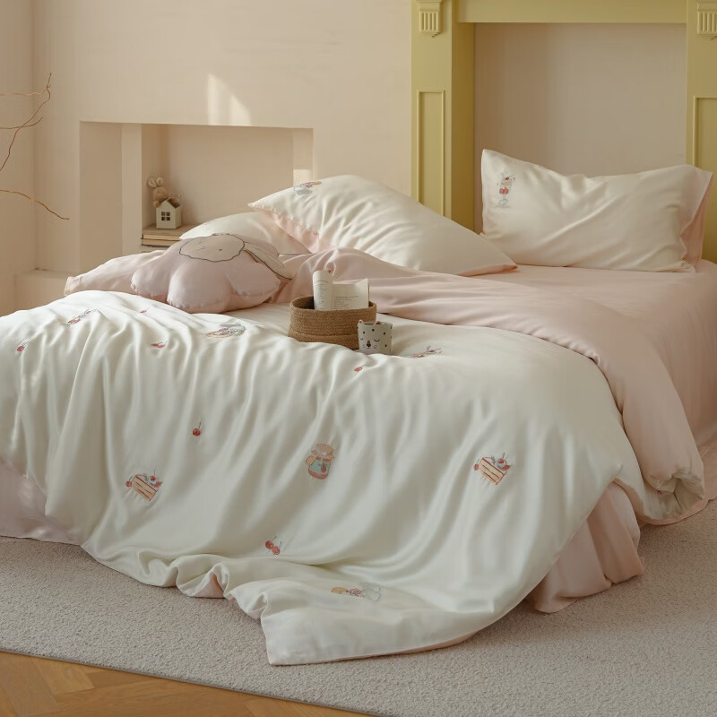 ROLAND LIVE新款A类兰精天丝刺绣四件套双面凉感丝滑裸睡床单被套床上用品 JCZY 天丝刺绣套件-泡泡莓果粉 1.2米床 床单款 【被套150*200cm】