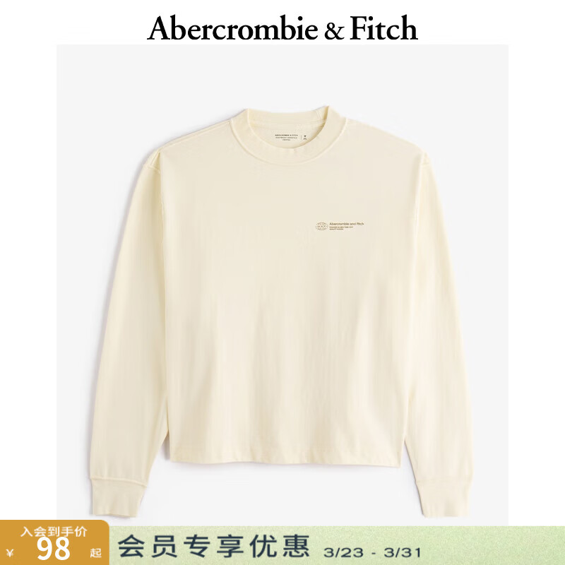 Abercrombie &amp; Fitch美式复古舒适百搭做旧LOGO长袖T恤春夏男装123-4080 奶油色 S (175/92A)