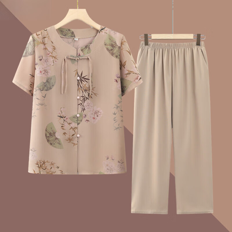 俞兆林(YUZHAOLIN)母亲节衣服奶奶冰丝夏装妈妈6070岁套装中老年人衣服女太太夏季 浅咖色(套装) 2XL 建议(100-115斤)