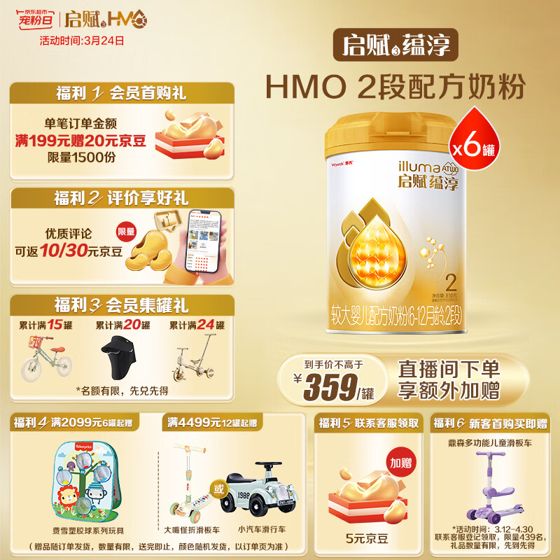 惠氏（Wyeth）启赋蕴淳进口较大婴儿配方奶粉2段（6-12月）810g*6罐 A2奶源HMO