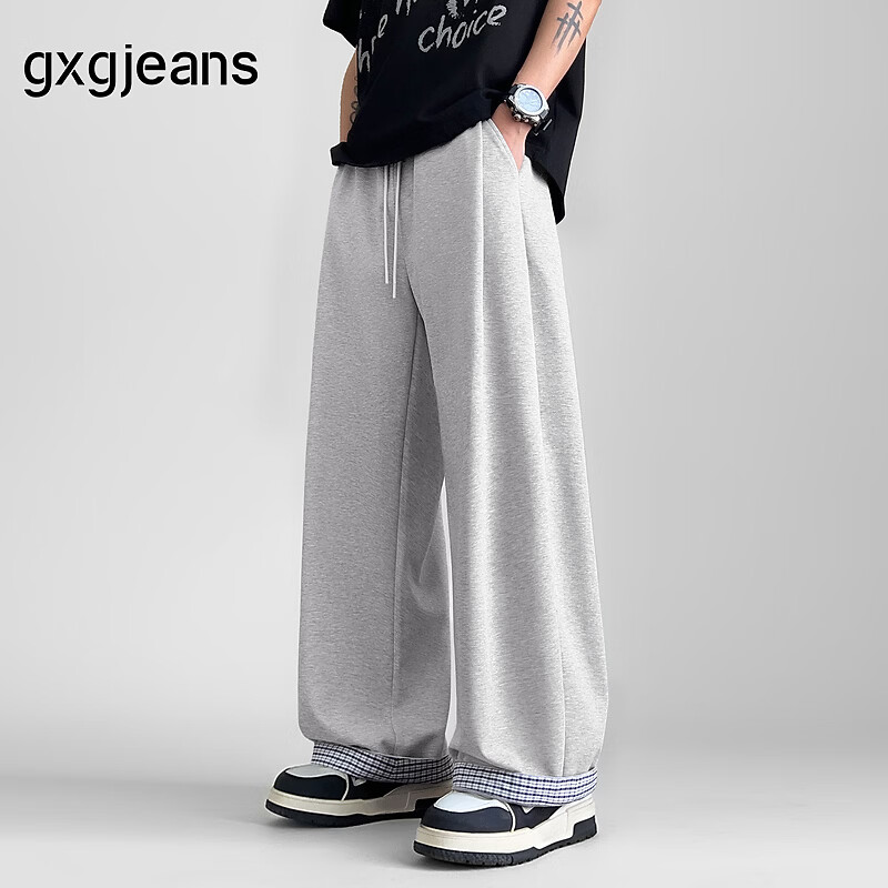 gxgjeans男装 格纹拼接潮流宽松休闲长裤卫裤男裤 26夏新品 麻灰色 XL (180) -32码