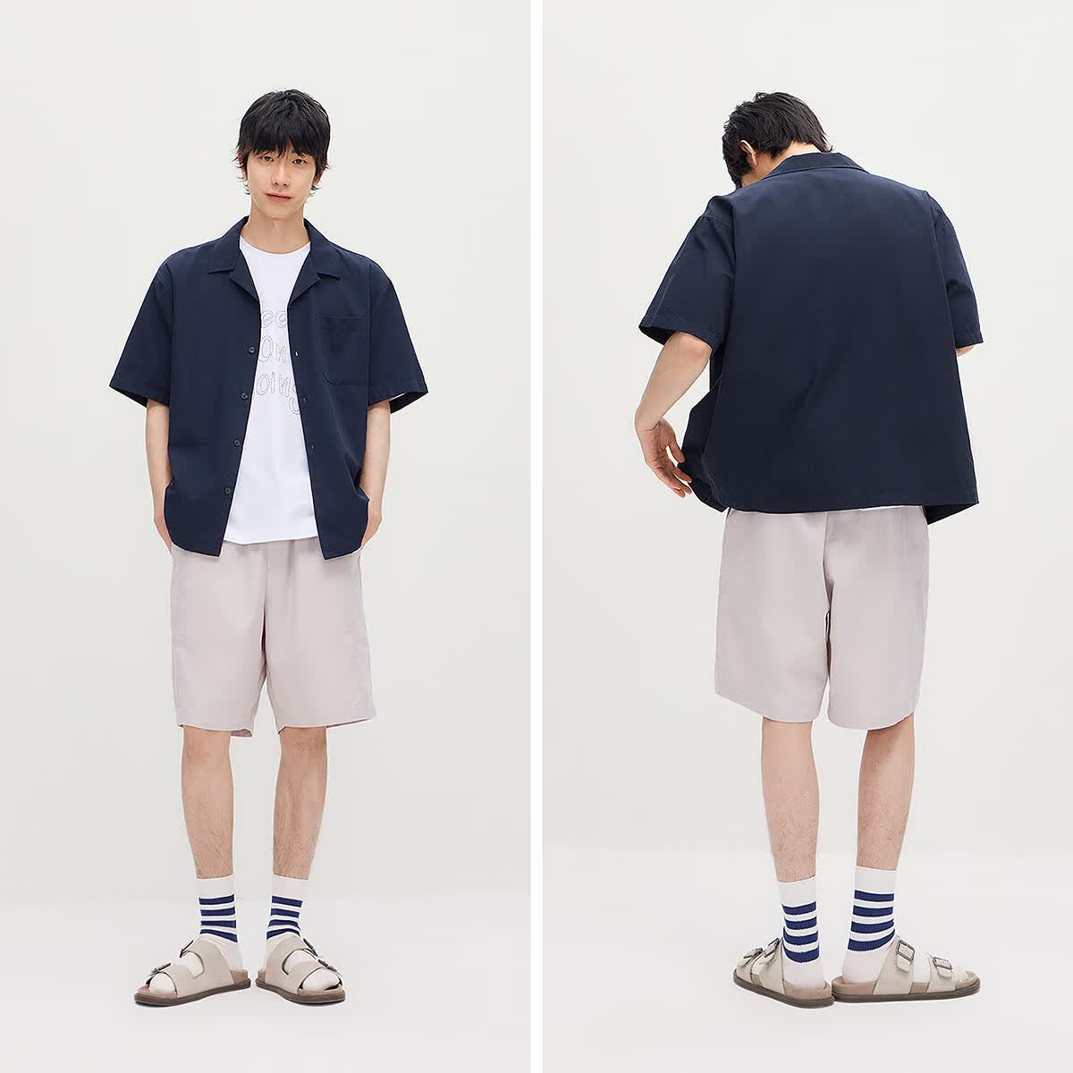 森马（Semir）短袖衬衫男夏宽松小古巴领上衣2026新款斜纹肌理衬衣实用美观 暮蓝81042 L
