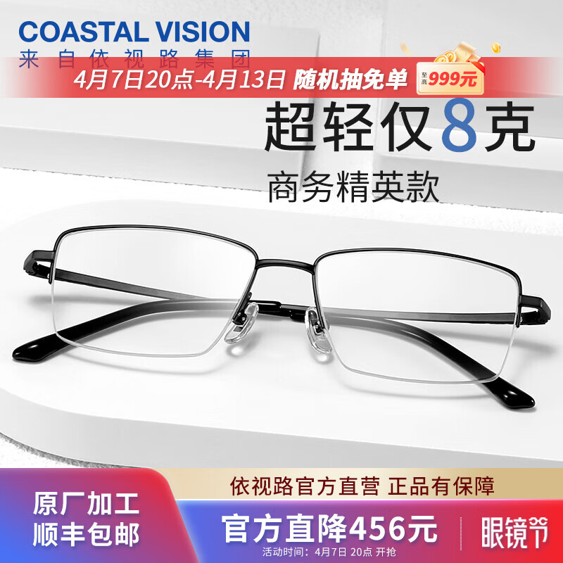 依视路（ESSILOR） 钻晶系列高清耐磨防蓝光近视薄镜片配度数眼镜架男女镜框 钛+金属-半框-4017BK-黑色 镜框+依视路膜岩高清1.60现片