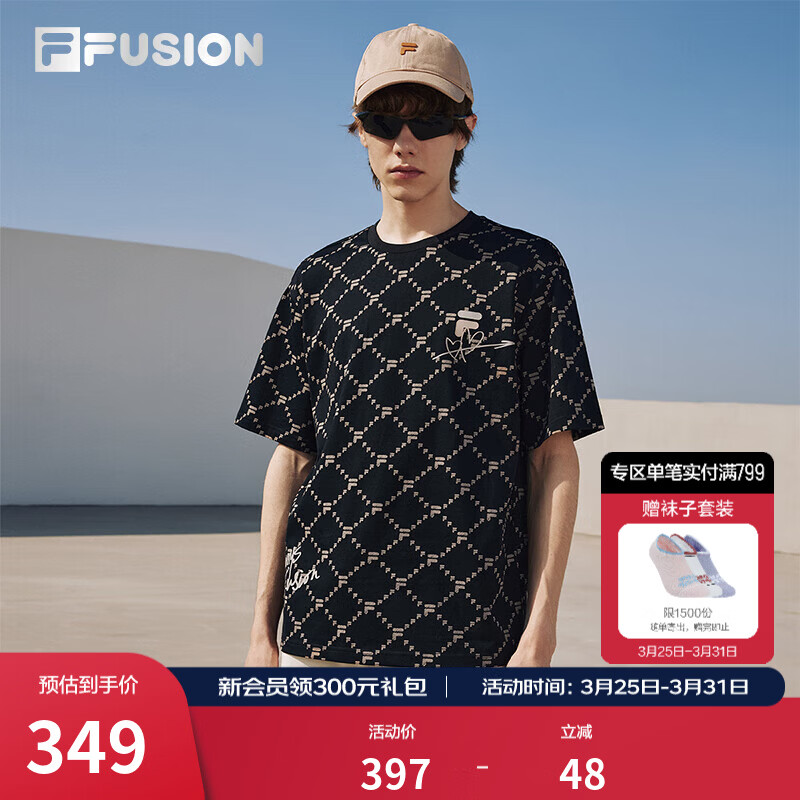 FILA FUSION斐乐潮牌情侣款针织短袖衫满印老花夏季时尚宽松纯棉T恤 41正黑色-BK M 170/92A