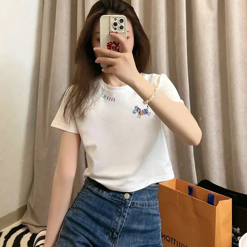 CronetKcnsy纯棉短袖t恤女大码夏季新款女装宽松显瘦白色体恤上衣打底衫ins潮 短款高腰-彩边加小马 L 建议100-115斤