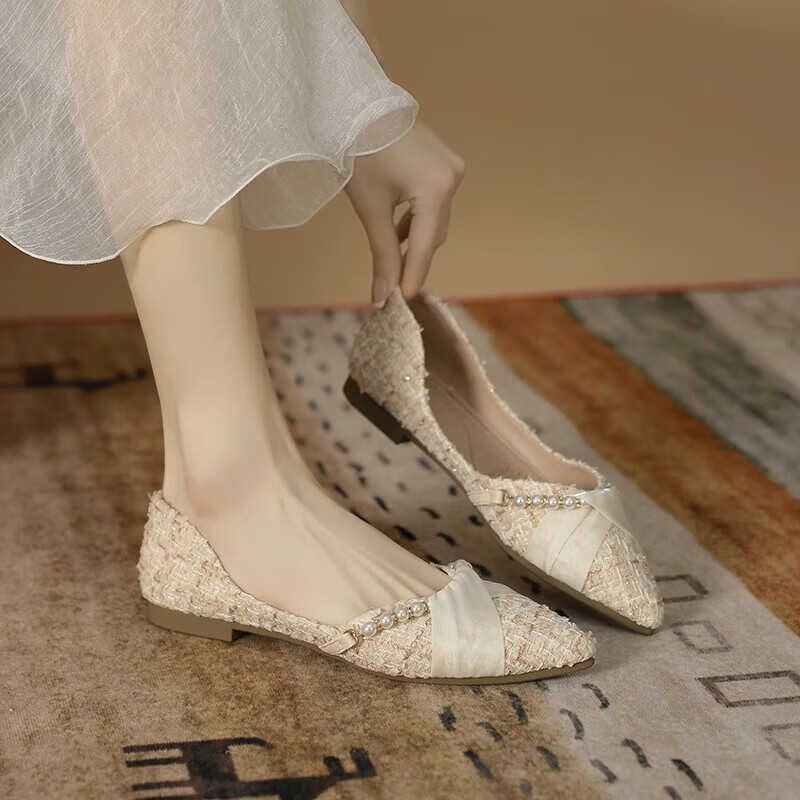 裴客2024新款仙女尖头平底温柔配裙子法式平底鞋女气质小香风软底单鞋 优雅杏色升级真皮垫 35