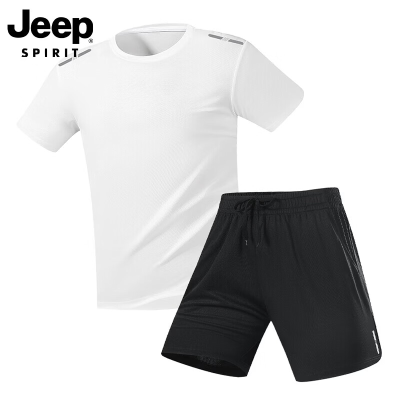 JEEP SPIRIT吉普男士冰丝速干套装夏季圆领t恤运动宽松短袖短裤两件短装 白色套装 M