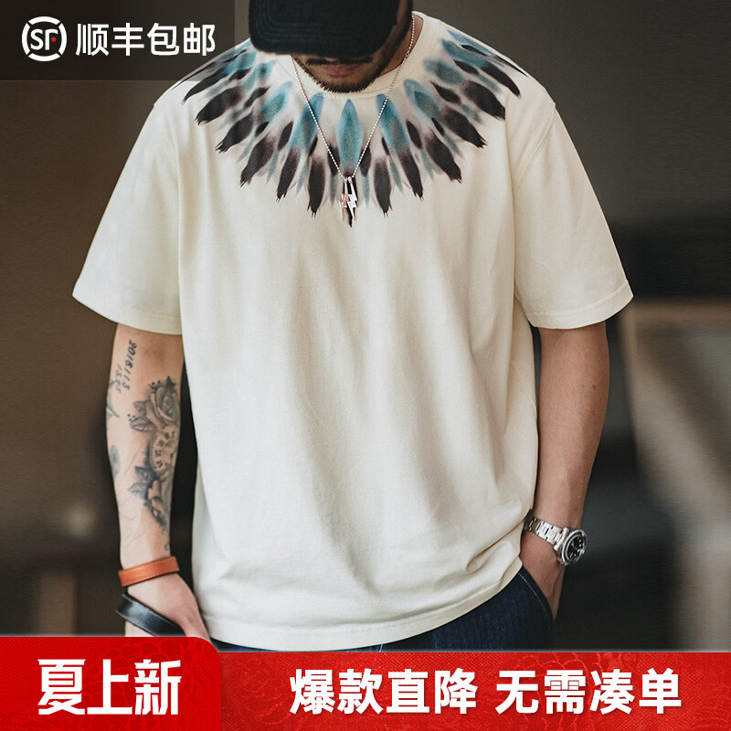 马登工装印第安羽毛印花T恤男重磅纯棉圆领短袖夏季宽松透气半袖衫 米白色 （版型宽松） L