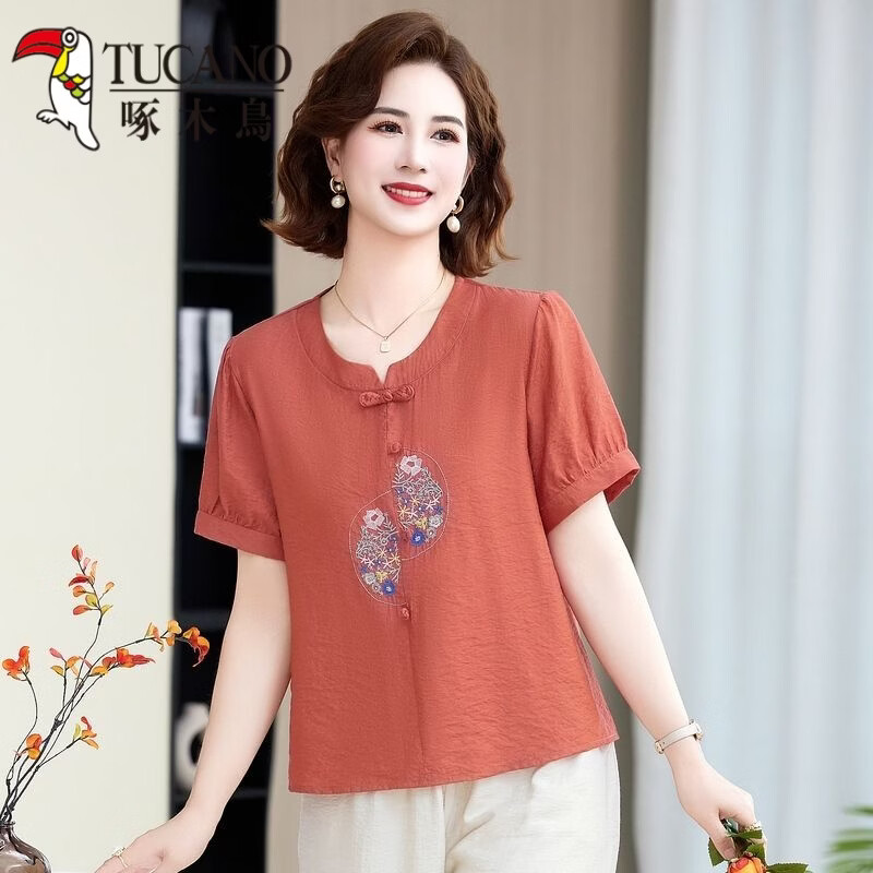 啄木鸟（TUCANO）绣花妈M妈夏装短袖T恤上衣洋气新款中年老年夏季时尚新中式宽松小 橘红色 5XL 建议145-155斤
