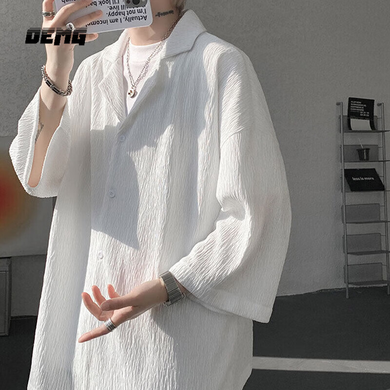 OEMG  夏季薄款短袖衬衫男女潮流垂感七分半袖高级感情侣宽松休闲外套 CS1136白色 2XL 【建议145-160斤】